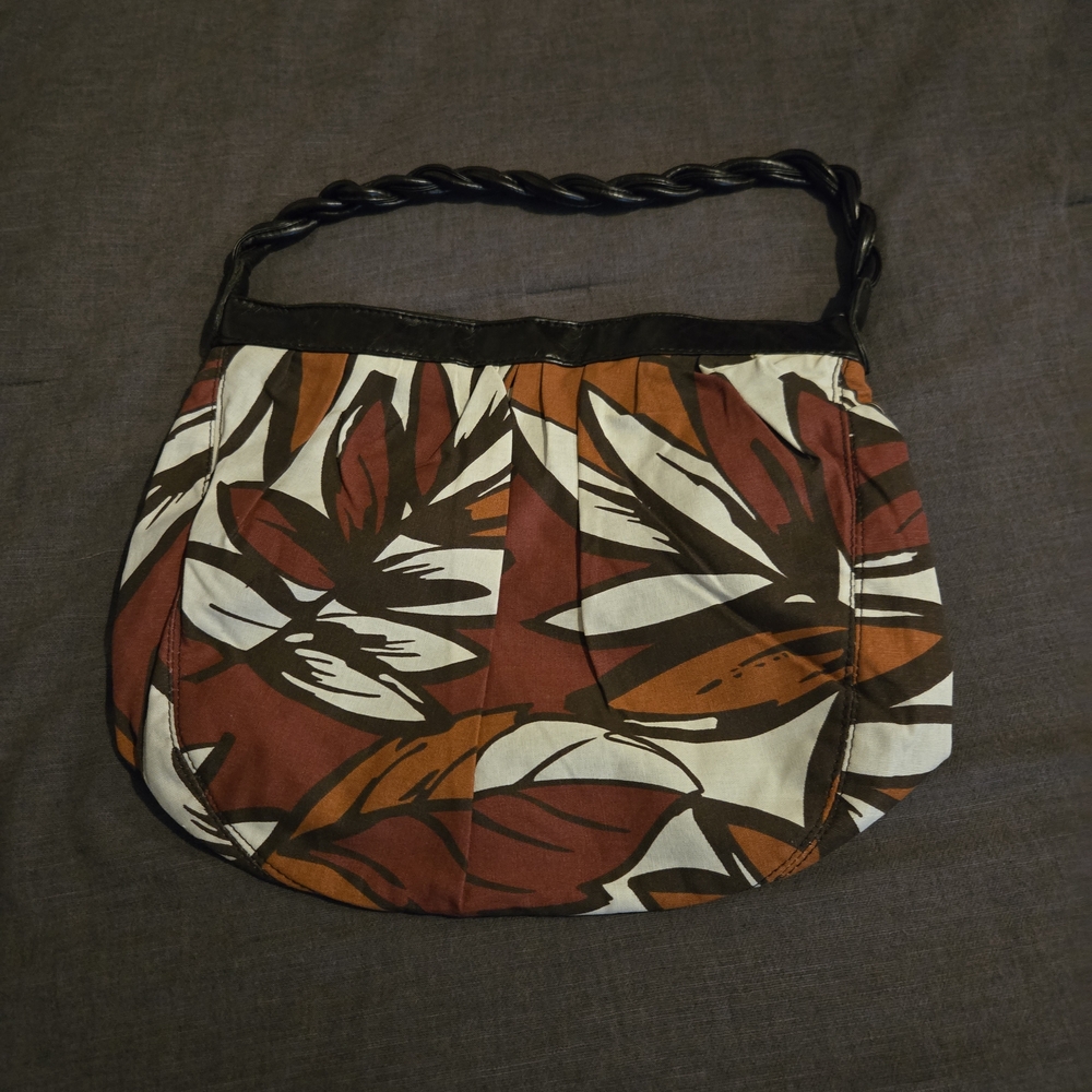 Avon Brown & Rust Leaf Print Fabric Handbag | Braided Handle Shoulder Bag